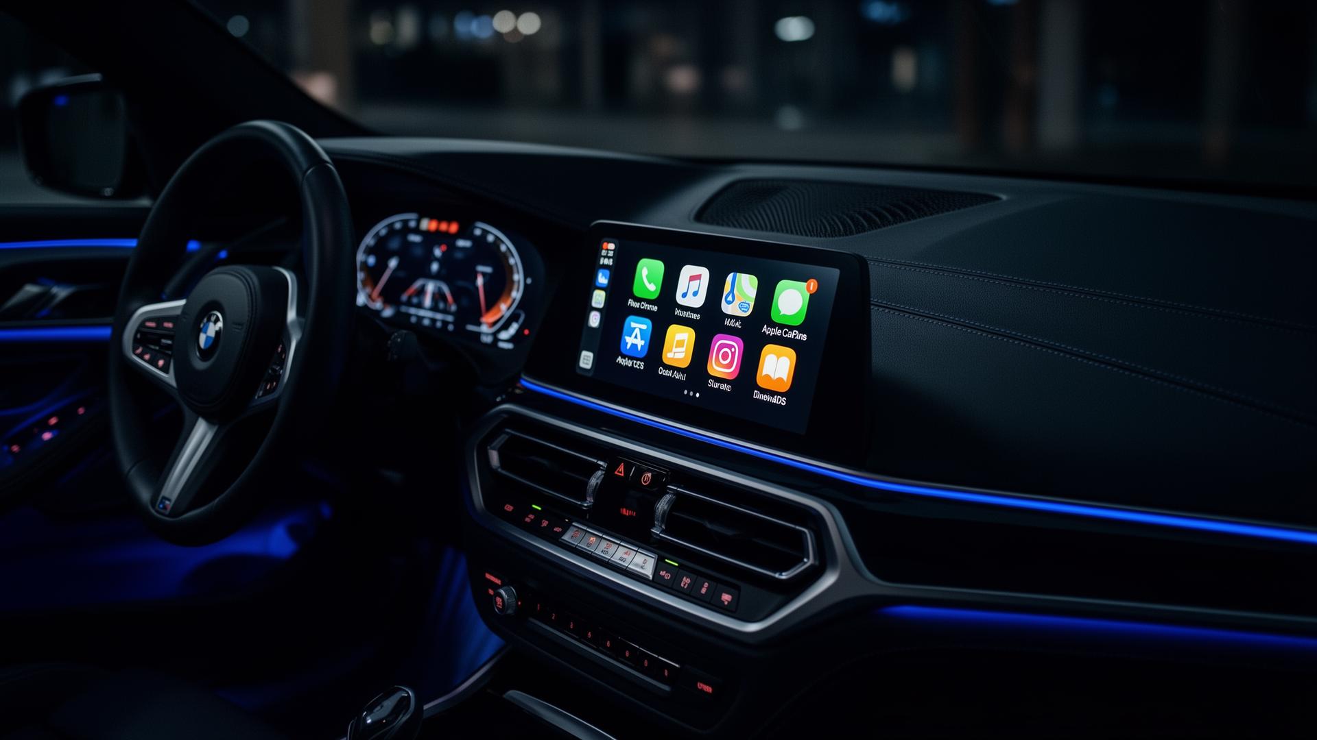 BMW dashboard displaying Apple CarPlay interface
